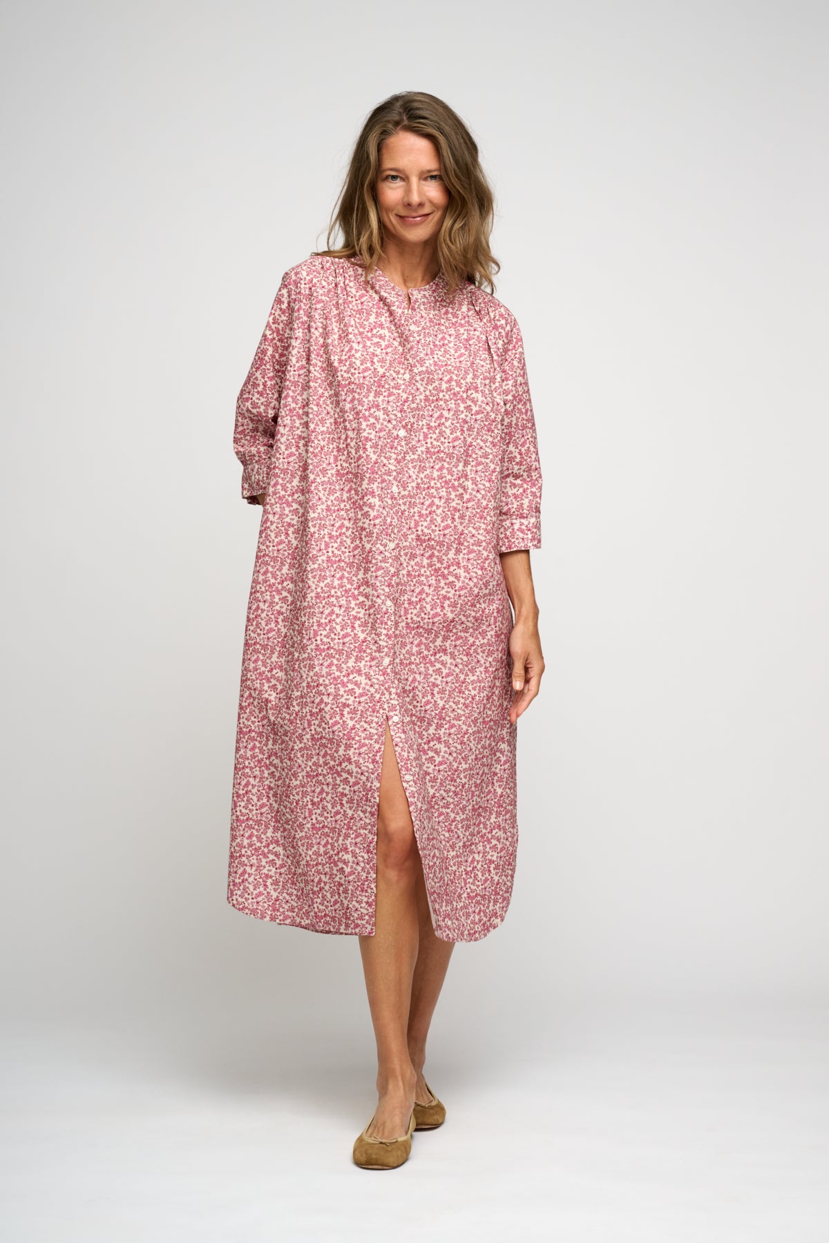 Laurella Poplin skjortekjole - Beige/Rose Flower